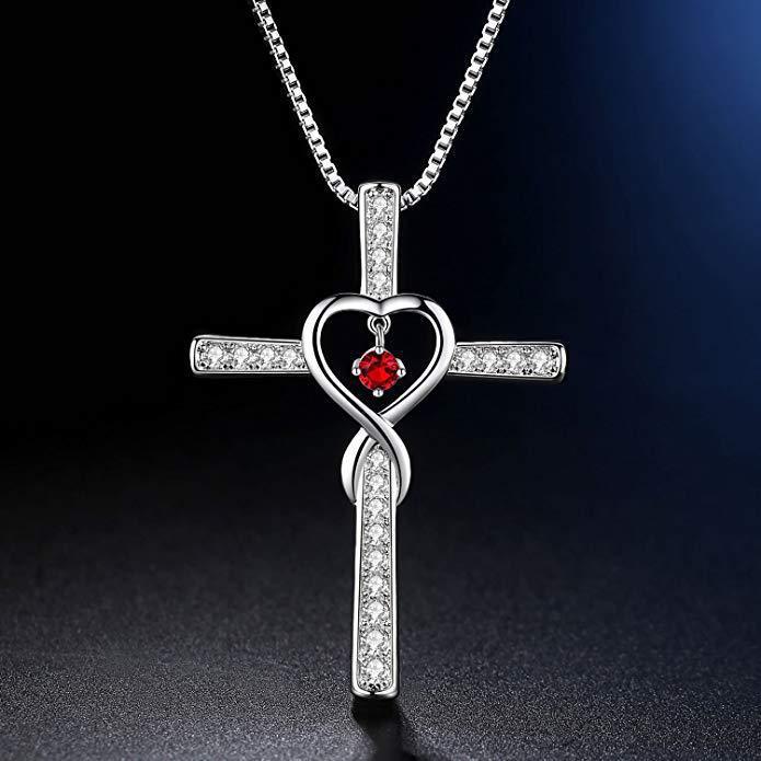 Infinity Love God We Trust Christian Cross Birthstone Crystal Pendant Necklace Color Gems Zircon Heart Necklace Women Jewelry