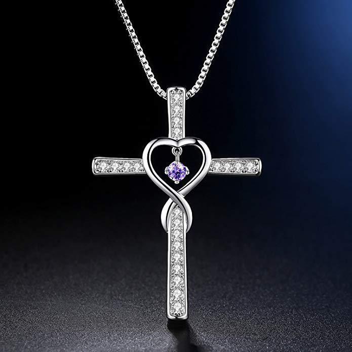 Infinity Love God We Trust Christian Cross Birthstone Crystal Pendant Necklace Color Gems Zircon Heart Necklace Women Jewelry