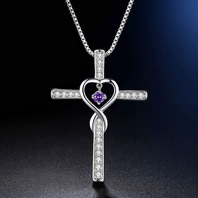 Infinity Love God We Trust Christian Cross Birthstone Crystal Pendant Necklace Color Gems Zircon Heart Necklace Women Jewelry