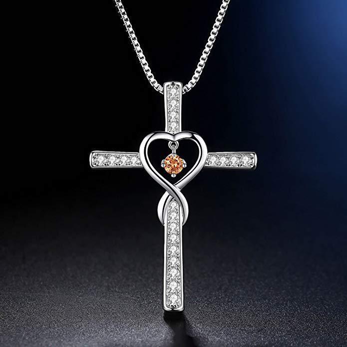 Infinity Love God We Trust Christian Cross Birthstone Crystal Pendant Necklace Color Gems Zircon Heart Necklace Women Jewelry