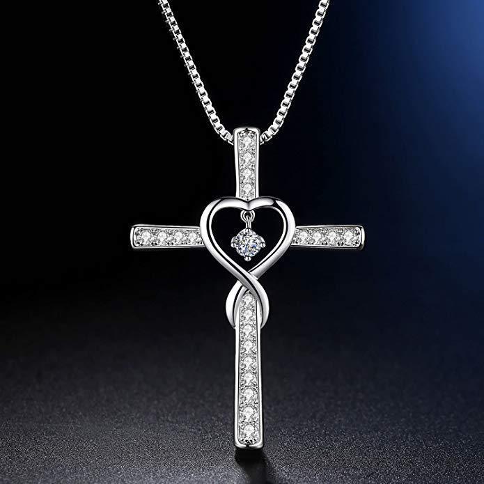 Infinity Love God We Trust Christian Cross Birthstone Crystal Pendant Necklace Color Gems Zircon Heart Necklace Women Jewelry