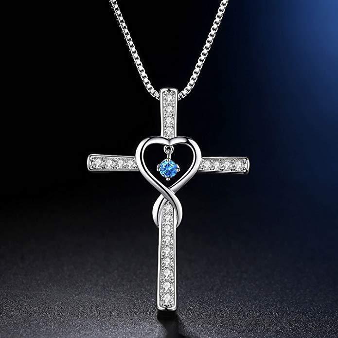 Infinity Love God We Trust Christian Cross Birthstone Crystal Pendant Necklace Color Gems Zircon Heart Necklace Women Jewelry