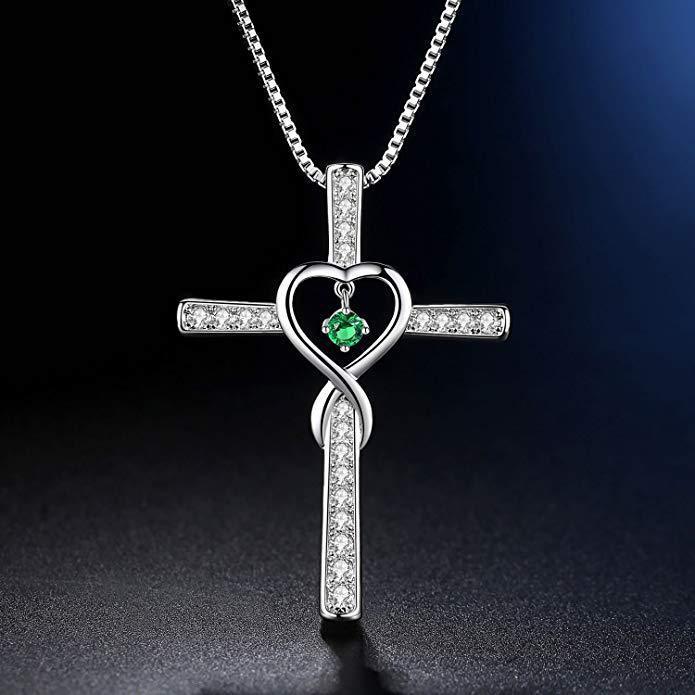 Infinity Love God We Trust Christian Cross Birthstone Crystal Pendant Necklace Color Gems Zircon Heart Necklace Women Jewelry