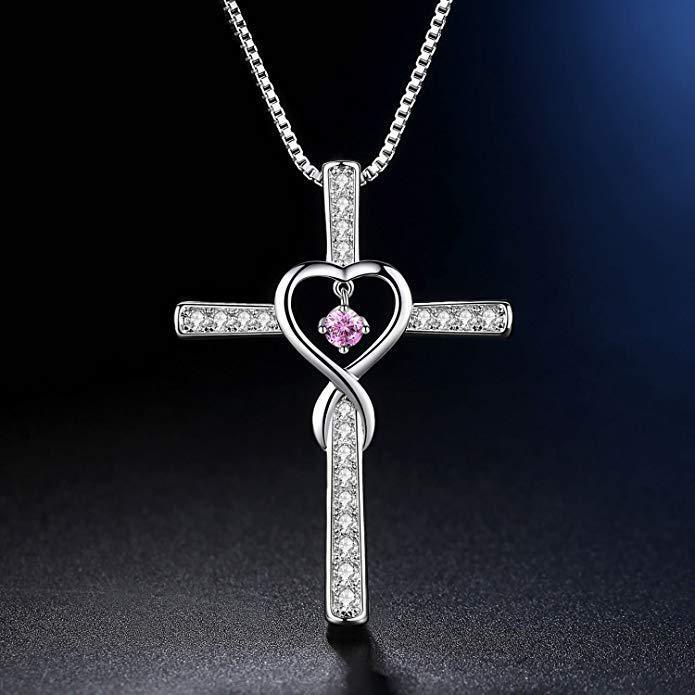 Infinity Love God We Trust Christian Cross Birthstone Crystal Pendant Necklace Color Gems Zircon Heart Necklace Women Jewelry