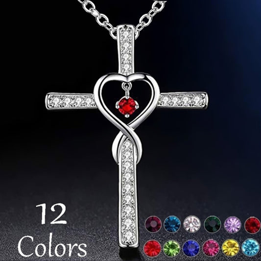 Infinity Love God We Trust Christian Cross Birthstone Crystal Pendant Necklace Color Gems Zircon Heart Necklace Women Jewelry