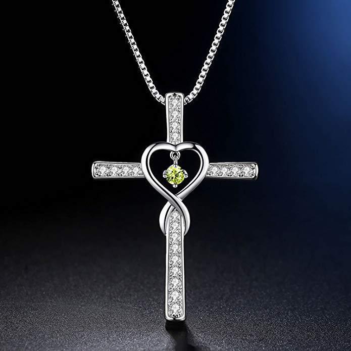Infinity Love God We Trust Christian Cross Birthstone Crystal Pendant Necklace Color Gems Zircon Heart Necklace Women Jewelry