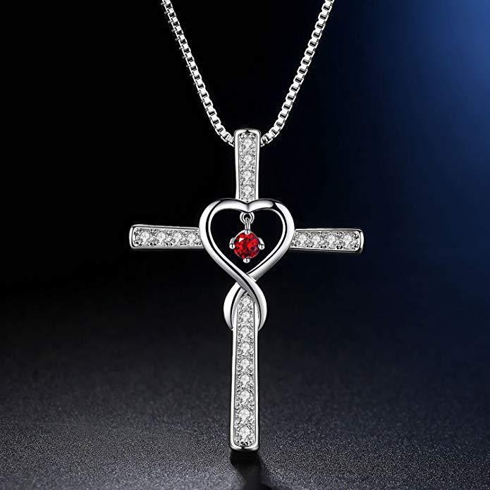 Infinity Love God We Trust Christian Cross Birthstone Crystal Pendant Necklace Color Gems Zircon Heart Necklace Women Jewelry