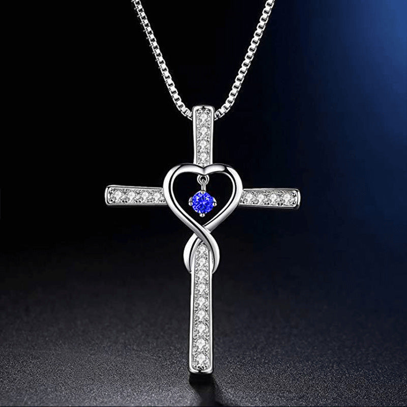 Infinity Love God We Trust Christian Cross Birthstone Crystal Pendant Necklace Color Gems Zircon Heart Necklace Women Jewelry