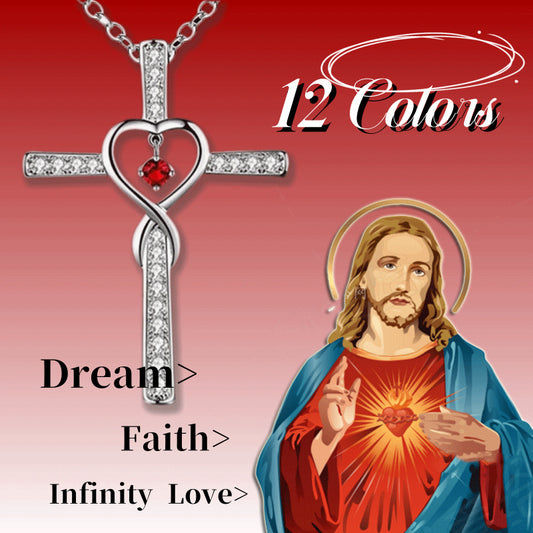 Infinity Love God We Trust Christian Cross Birthstone Crystal Pendant Necklace Color Gems Zircon Heart Necklace Women Jewelry
